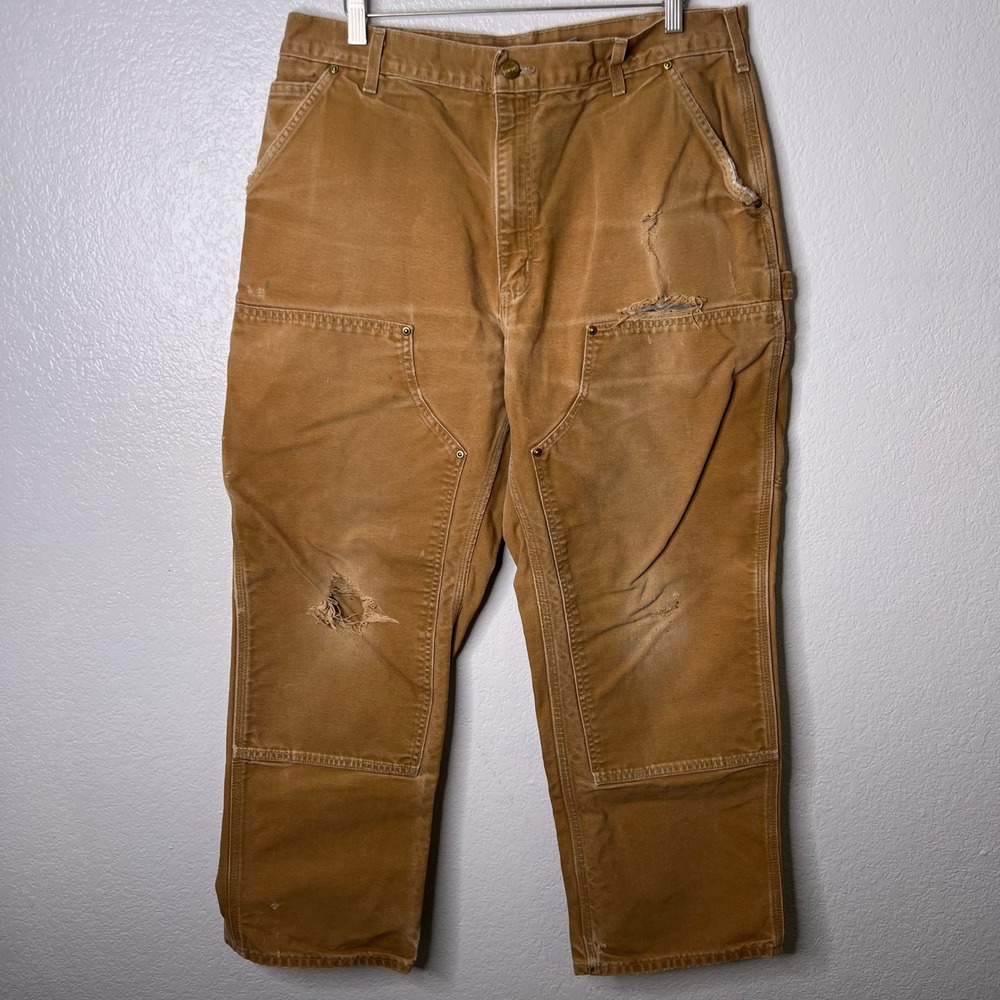 Carhartt B01 Double Front Duck Work Pants Brown 38(34)x30 Distressed Made in USA - Picture 2 of 12